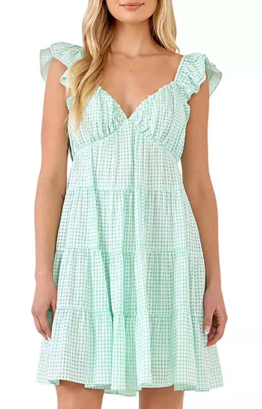 ENGLISH FACTORY WOMENS SIZE S MINT GREEN GINGHAM RUFFLE TIERED MINI DRESS